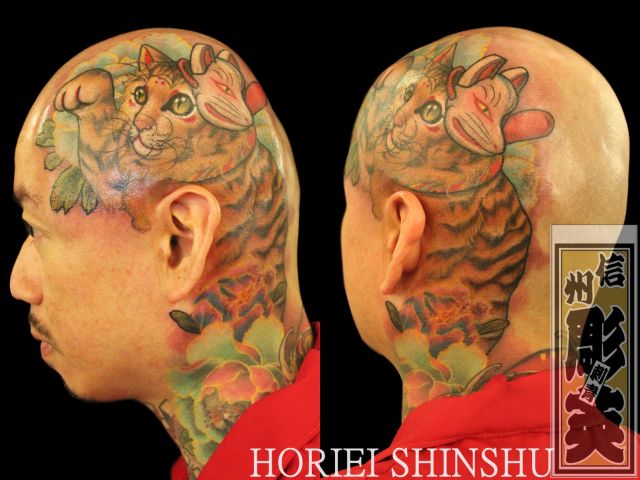 首,顔,牡丹,招き猫,猫,カラータトゥー/刺青デザイン画像