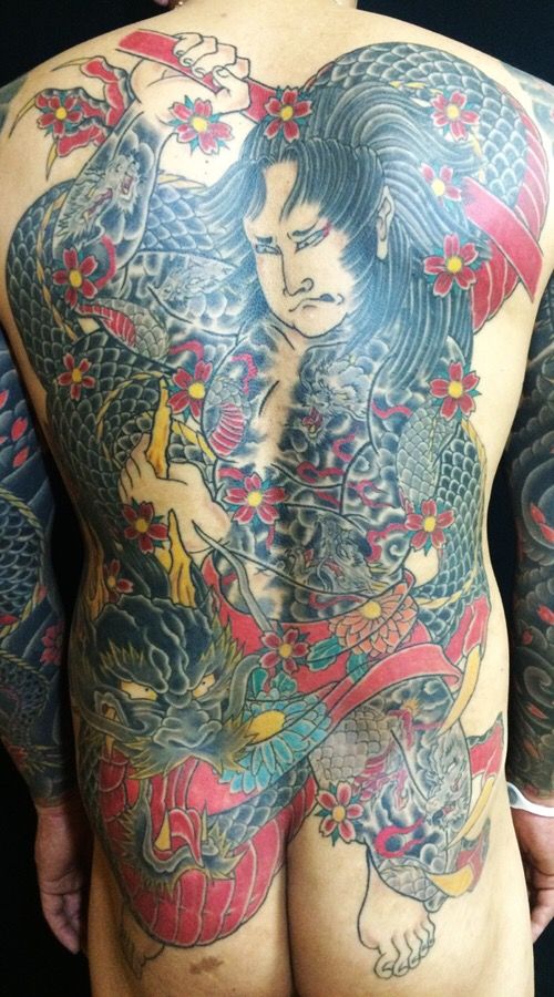 背中,着物,龍,人物,竜,抜き彫り,九紋龍,カラータトゥー/刺青デザイン画像
