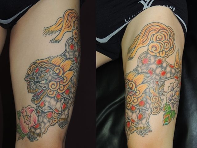 唐獅子牡丹,太もも,カラータトゥー/刺青デザイン画像