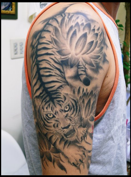 腕,虎,蓮,トライバルタトゥー/刺青デザイン画像