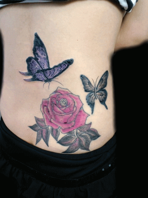女性,蝶,薔薇タトゥー/刺青デザイン画像