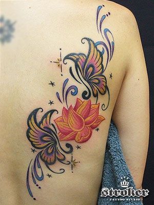 女性,蝶,蓮,背中,花,植物タトゥー/刺青デザイン画像