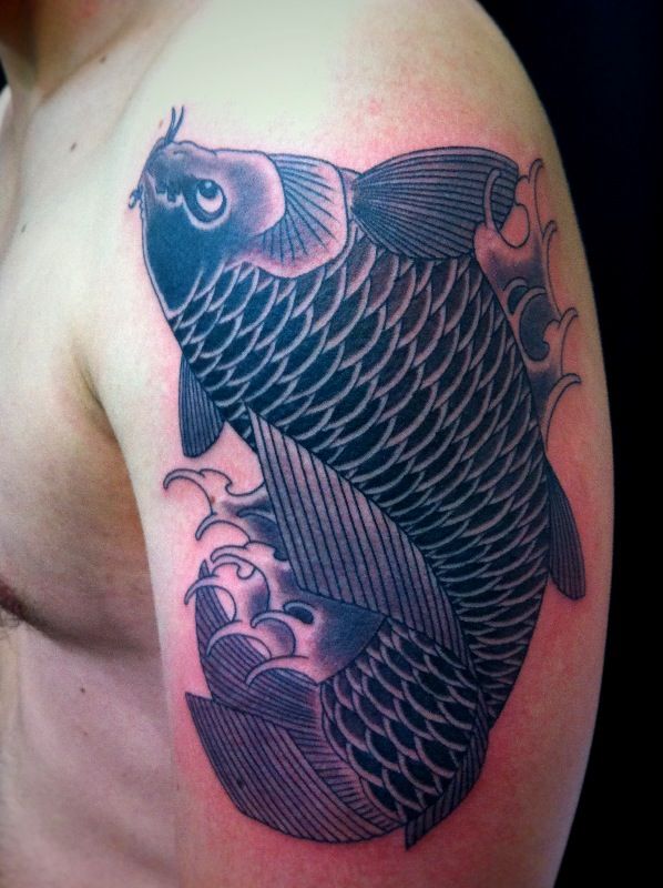 腕,鯉,ブラック＆グレイ,ブラック＆グレータトゥー/刺青デザイン画像