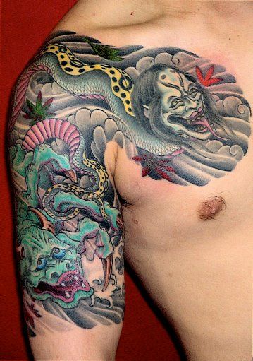 太鼓,蛇,生首タトゥー/刺青デザイン画像