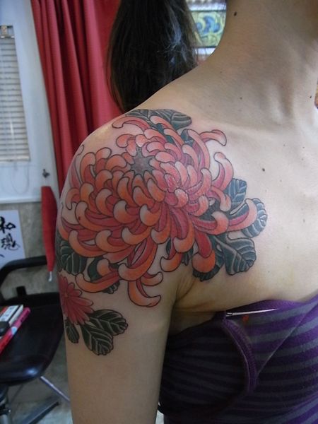 女性,肩,牡丹,花タトゥー/刺青デザイン画像