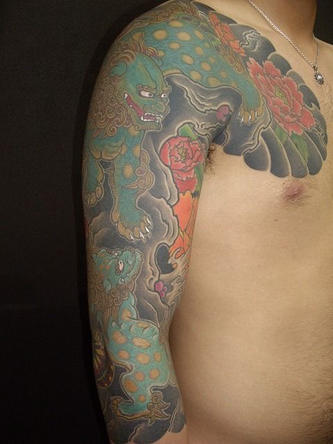 太鼓,七分袖,唐獅子,牡丹タトゥー/刺青デザイン画像