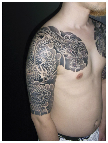 太鼓,五分袖,龍,ブラック＆グレータトゥー/刺青デザイン画像