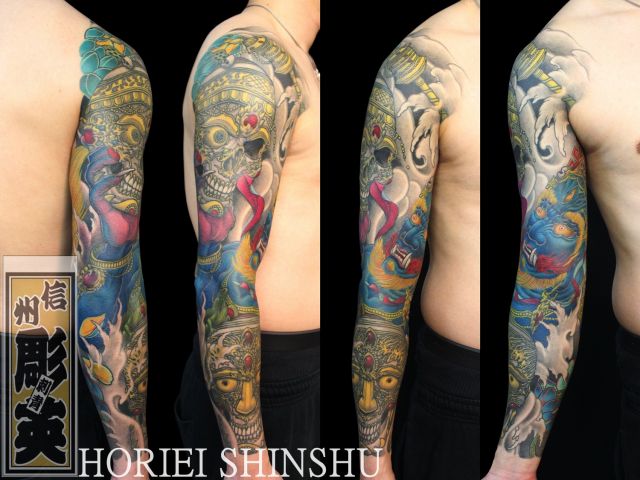 腕,スカル,チベタン,十分袖,蓮,カラータトゥー/刺青デザイン画像