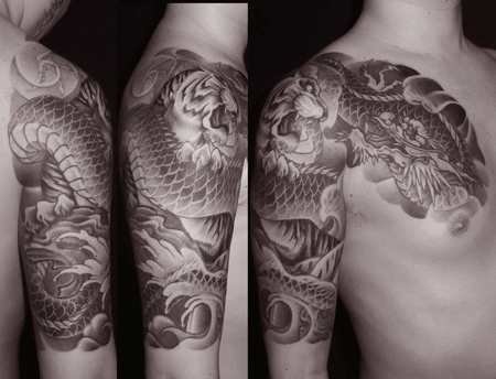 胸,龍虎,太鼓,腕タトゥー/刺青デザイン画像