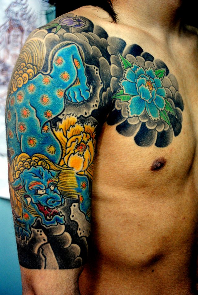 腕,唐獅子,牡丹,五分袖,太鼓タトゥー/刺青デザイン画像