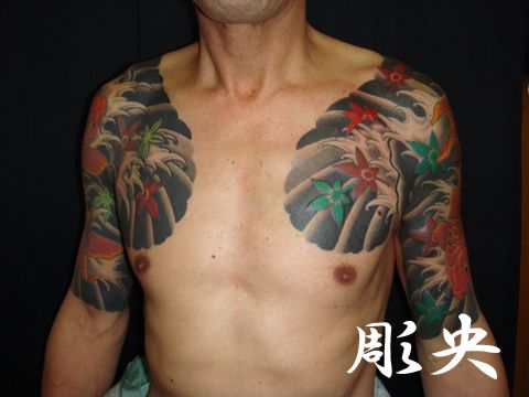 鯉,紅葉,太鼓,五分袖タトゥー/刺青デザイン画像