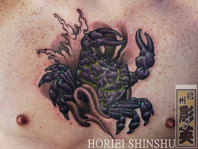 胸,蟹,カラータトゥー/刺青デザイン画像