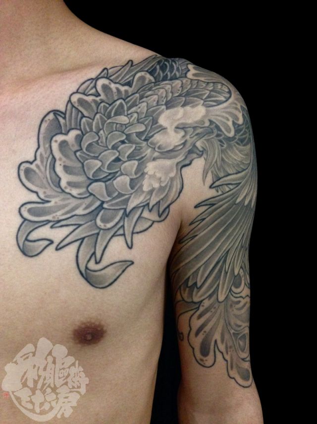 腕,肩,男性,肩腕,鳳凰,ブラック＆グレイ,ブラック＆グレータトゥー/刺青デザイン画像