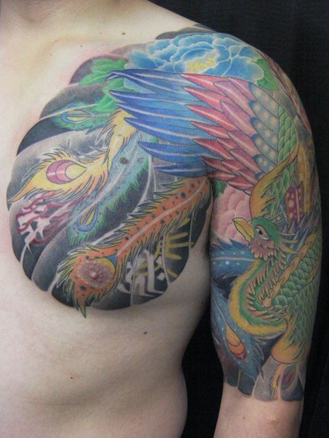 腕,肩,胸,二の腕,鳳凰,カラータトゥー/刺青デザイン画像