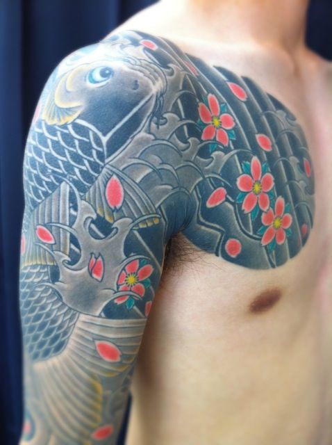 鯉,桜,五分袖,太鼓,花タトゥー/刺青デザイン画像