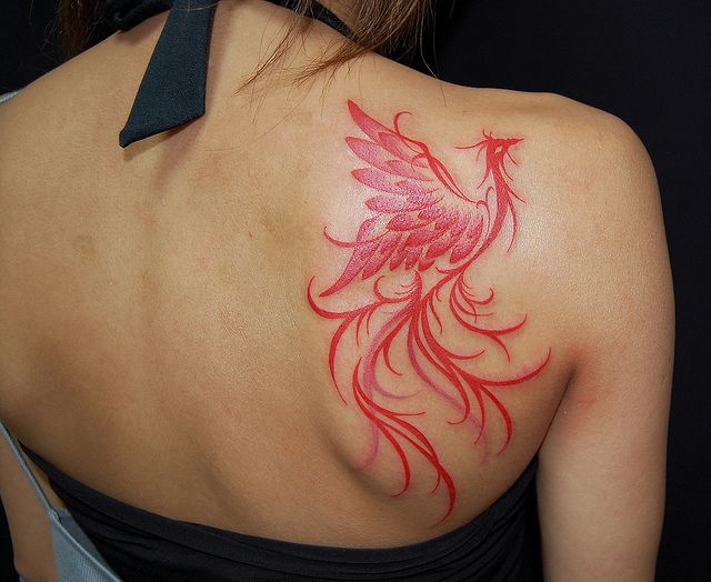 背中,女性,トライバル,鳳凰,カラータトゥー/刺青デザイン画像