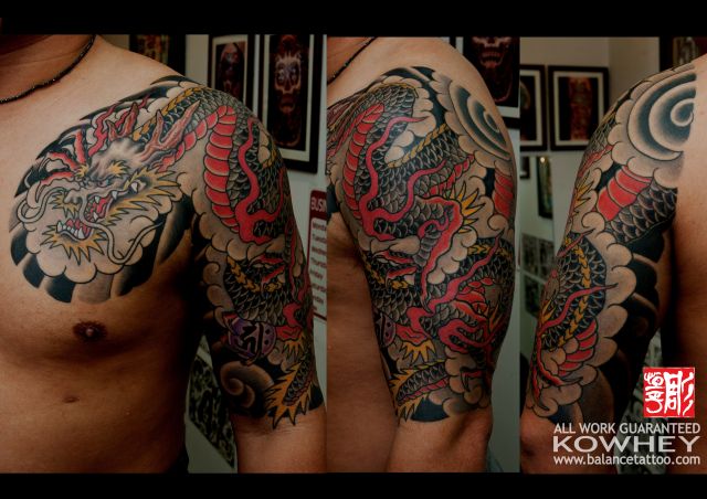 龍,腕,太鼓,五分袖,カラータトゥー/刺青デザイン画像