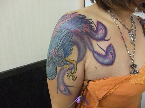 腕,胸,鳳凰,カラータトゥー/刺青デザイン画像