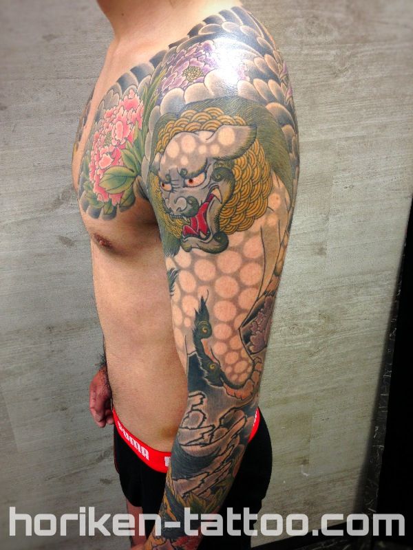 唐獅子牡丹,腕,カラータトゥー/刺青デザイン画像
