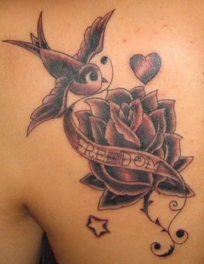 鳥,薔薇,星,ハート,花,スター,動物タトゥー/刺青デザイン画像
