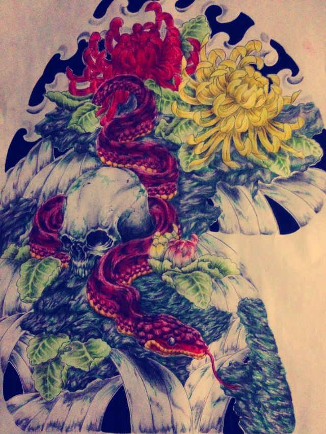 腕,胸割り,蛇,額,菊,カラータトゥー/刺青デザイン画像