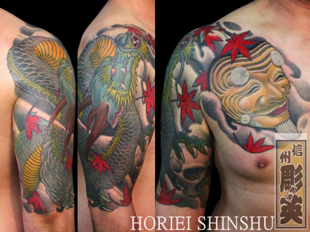腕,龍,額,スカル,髑髏,カラータトゥー/刺青デザイン画像
