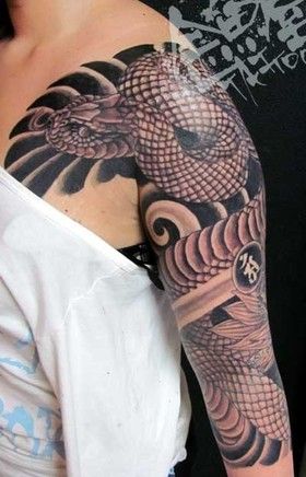 腕,肩,二の腕,梵字,大蛇,蛇,額,蓮,額彫り,ブラック＆グレイ,ブラック＆グレータトゥー/刺青デザイン画像