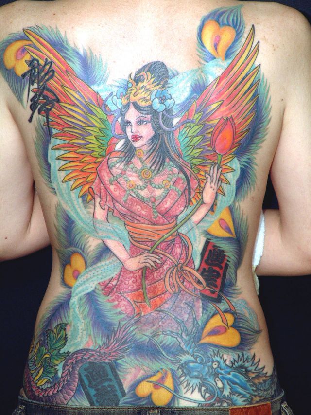 女性,天女,女神,背中,龍,抜き,人物タトゥー/刺青デザイン画像