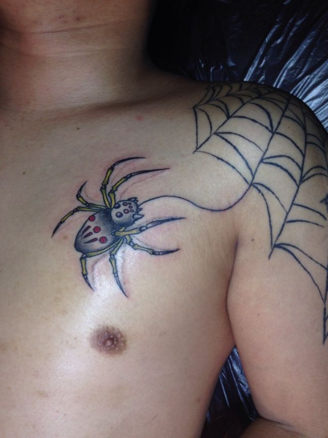 胸,蜘蛛,蜘蛛糸,蜘蛛の巣,蜘蛛の糸,カラー,カラフルタトゥー/刺青デザイン画像