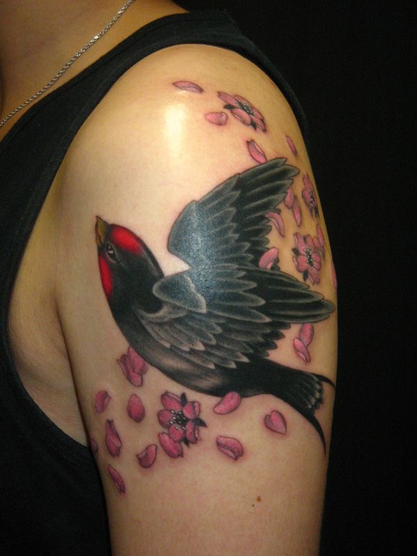 肩,ツバメ,桜,鳥,動物,植物,花タトゥー/刺青デザイン画像