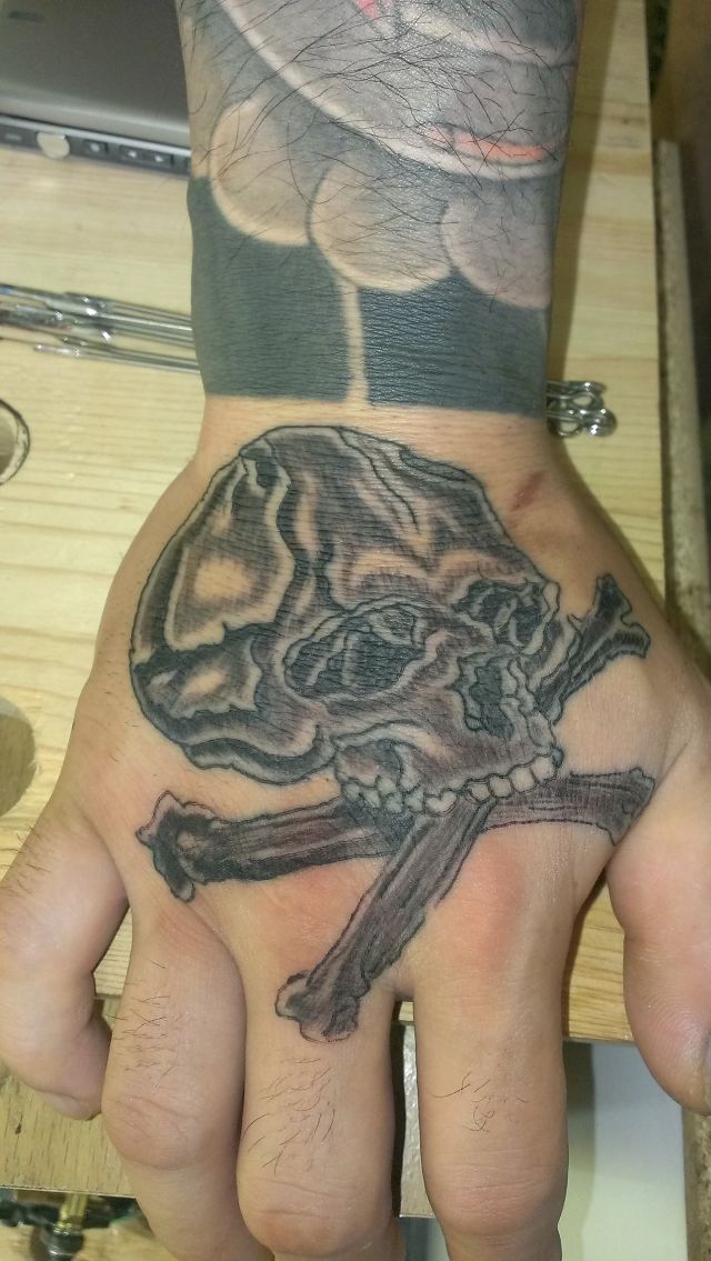 手の甲,髑髏,カラータトゥー/刺青デザイン画像