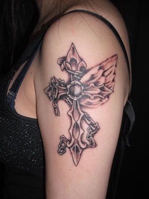 女性,肩,クロス,十字架タトゥー/刺青デザイン画像