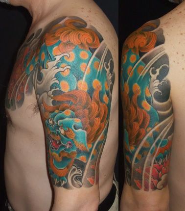 牡丹,太鼓,五分袖,唐獅子牡丹タトゥー/刺青デザイン画像