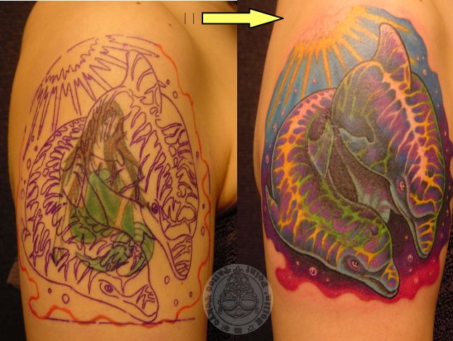 女性,腕,人魚,カバーアップ,イルカ,カラー,カラフルタトゥー/刺青デザイン画像
