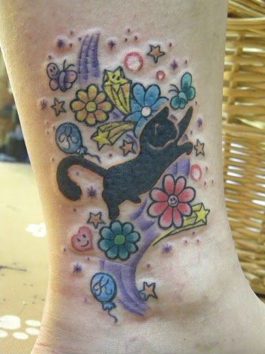 猫,足,カラー,花タトゥー/刺青デザイン画像