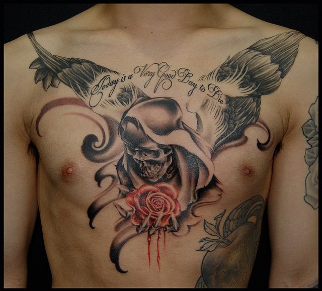 男性,羽,文字,死神,バラ,羽根,ブラック＆グレイ,カラータトゥー/刺青デザイン画像