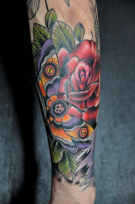 薔薇,蝶,腕,花タトゥー/刺青デザイン画像