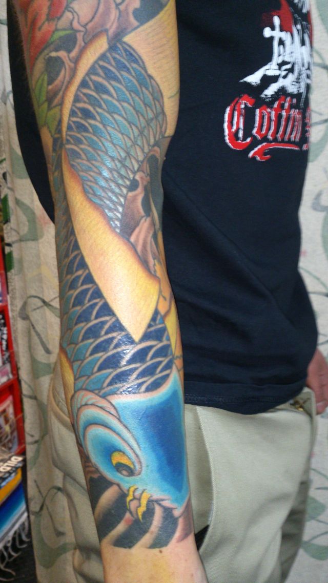 腕,手,鯉,額,カラー,青タトゥー/刺青デザイン画像