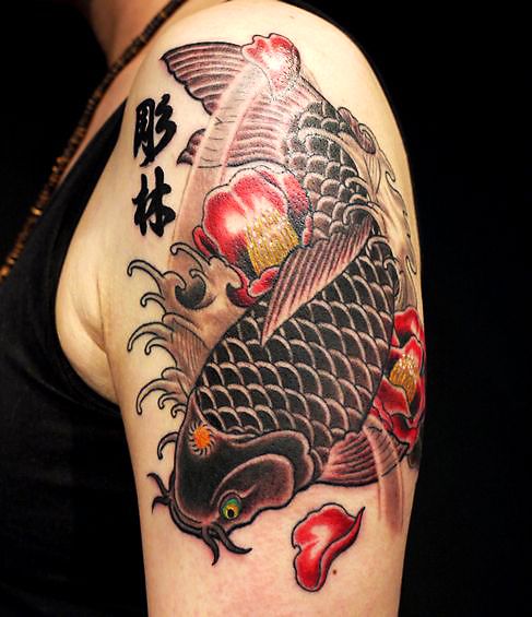 腕,鯉,花,カラータトゥー/刺青デザイン画像