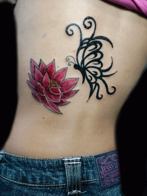女性,蝶,蓮,花,植物タトゥー/刺青デザイン画像