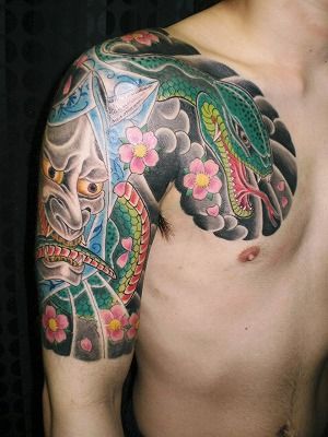 太鼓,五分袖,般若,蛇,桜タトゥー/刺青デザイン画像