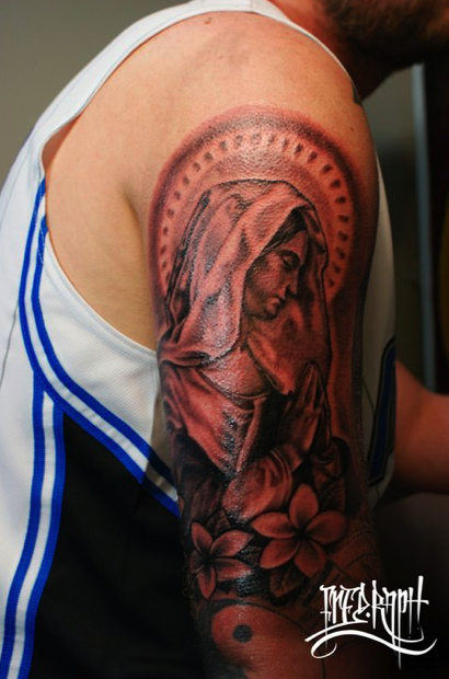 肩,宗教,マリア,ブラック＆グレータトゥー/刺青デザイン画像