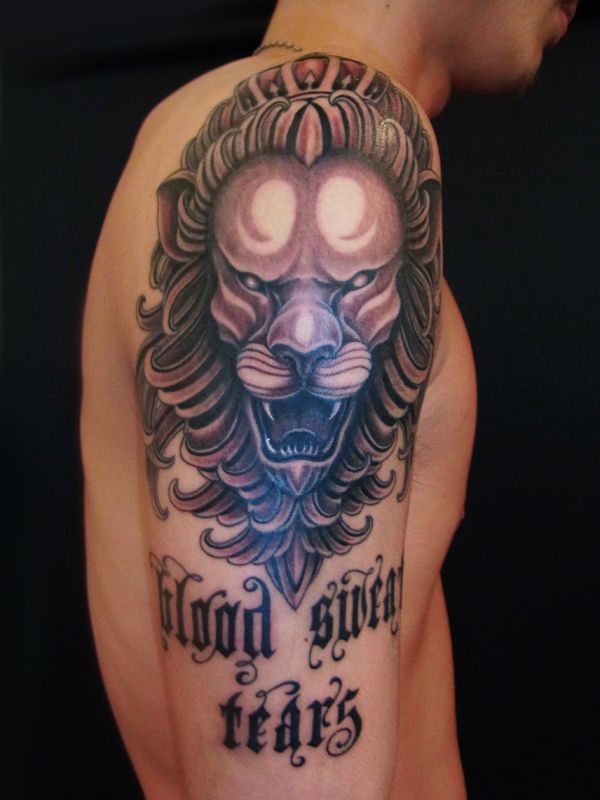 腕,ライオン,ブラック＆グレイ,ブラック＆グレータトゥー/刺青デザイン画像