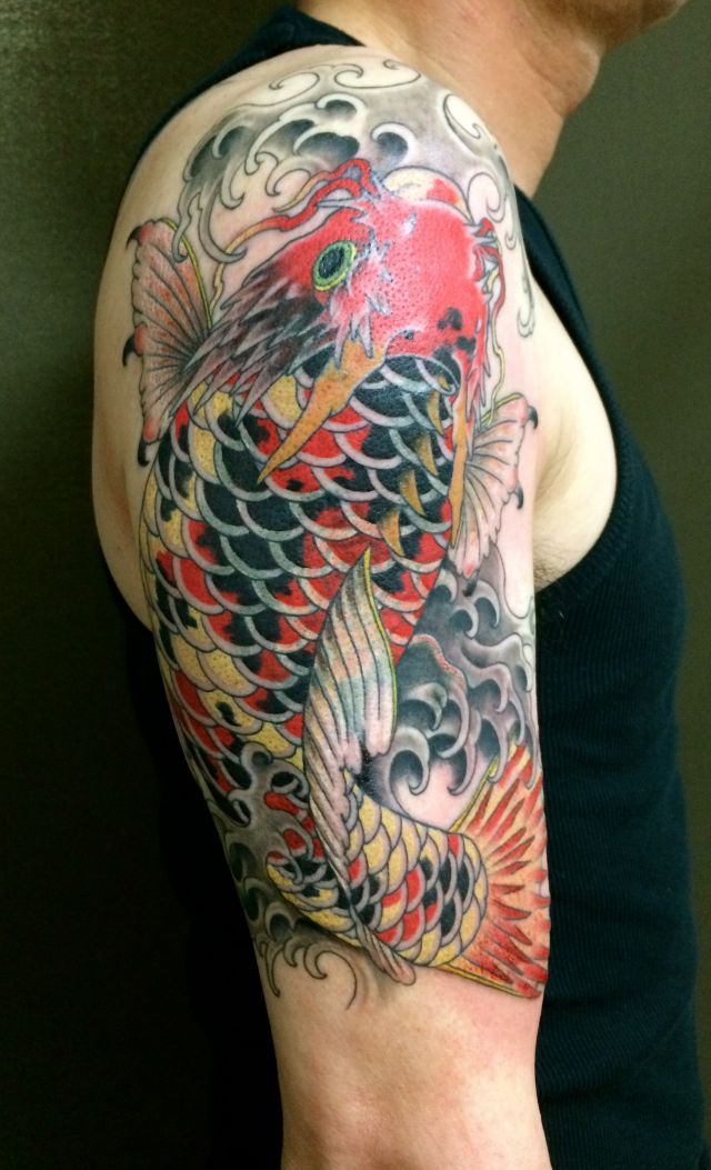 腕,鯉,のぼり鯉,登竜門,カラー,カラフルタトゥー/刺青デザイン画像