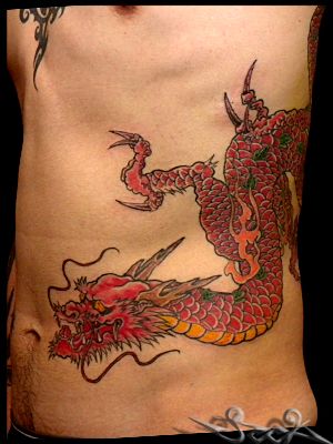 背中,腰,脇,腹,脇腹,お腹,男性,龍,カラー,カラフルタトゥー/刺青デザイン画像