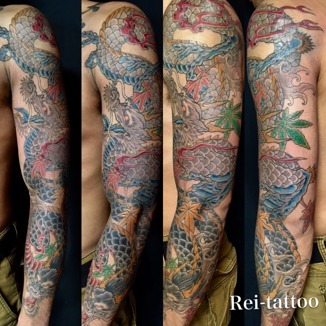 腕,肩,龍,紅葉,抜き,カラータトゥー/刺青デザイン画像