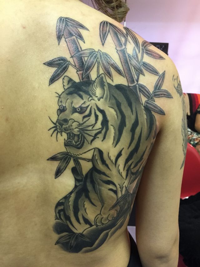 背中,虎,烏彫りタトゥー/刺青デザイン画像