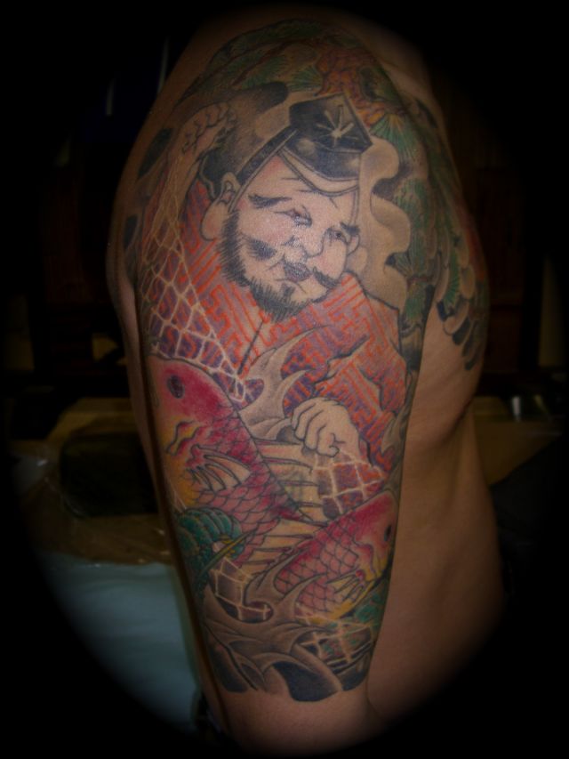 鯉,人物,五分袖タトゥー/刺青デザイン画像