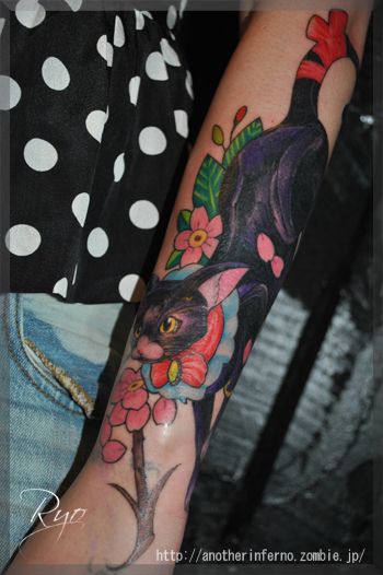 猫,桜,腕,カラータトゥー/刺青デザイン画像