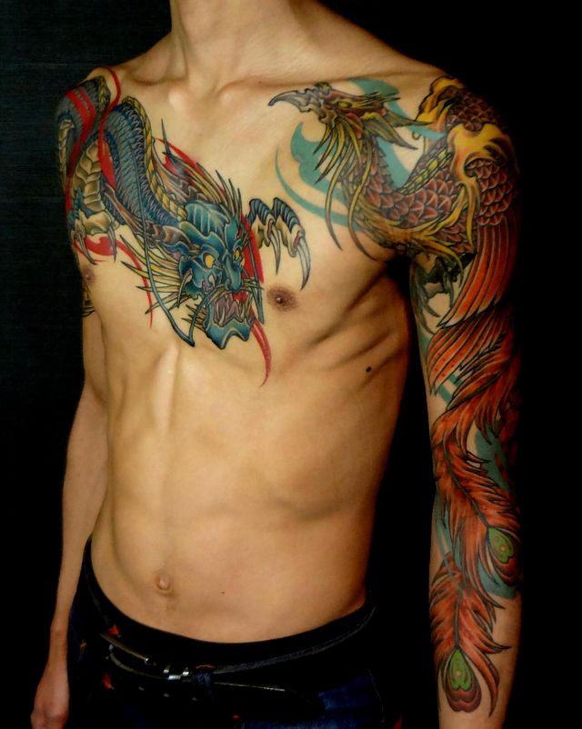 腕,肩腕,龍,鳳凰,カラー,カラフルタトゥー/刺青デザイン画像